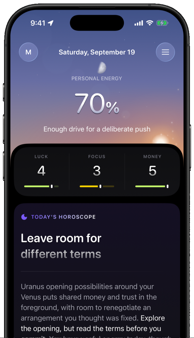 Orrey home screen showing today's personal energy at 70% with luck, focus and money scores.