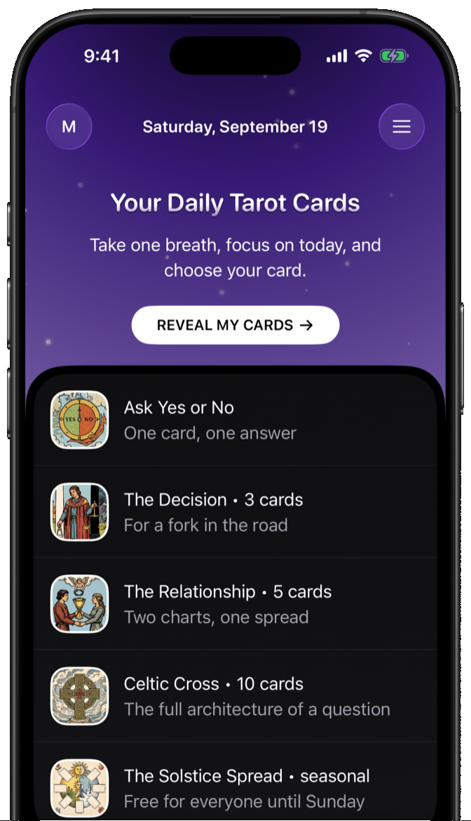Daily tarot screen with a Reveal my cards button and a list of spreads.