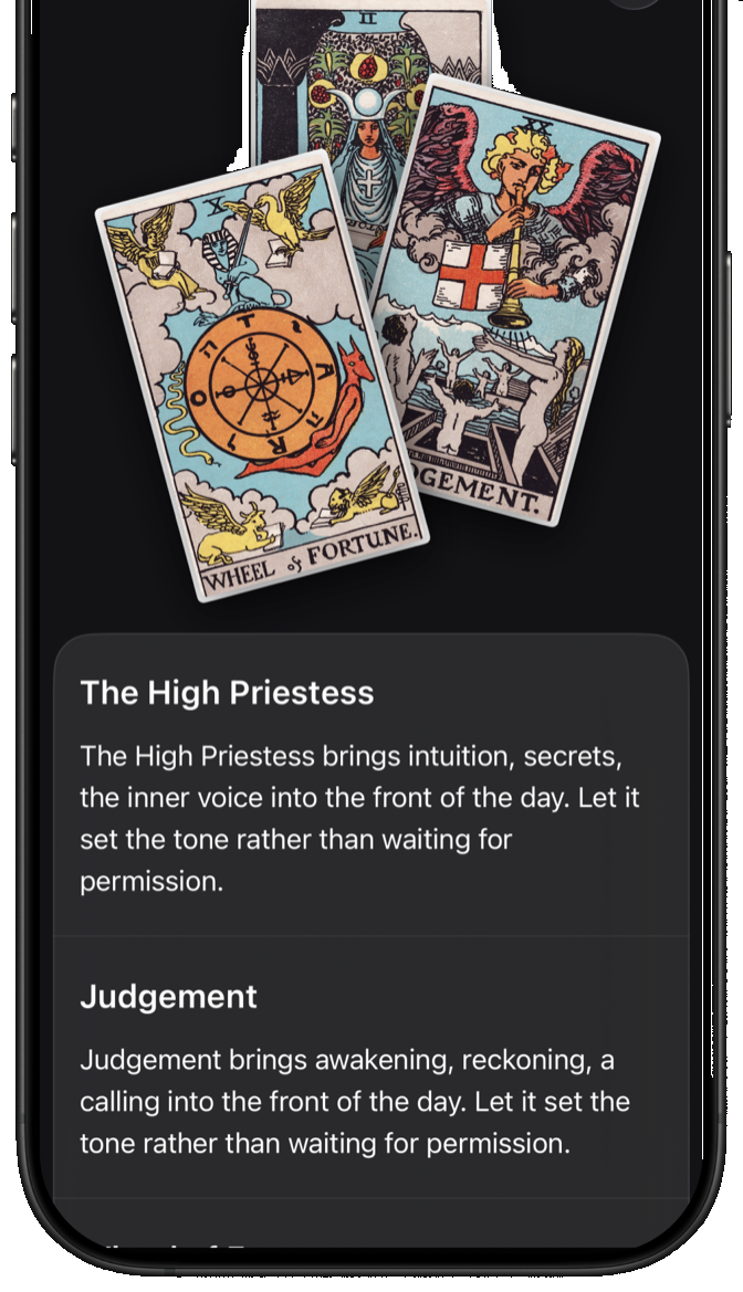 A three-card draw with interpretations of The High Priestess and Judgement.